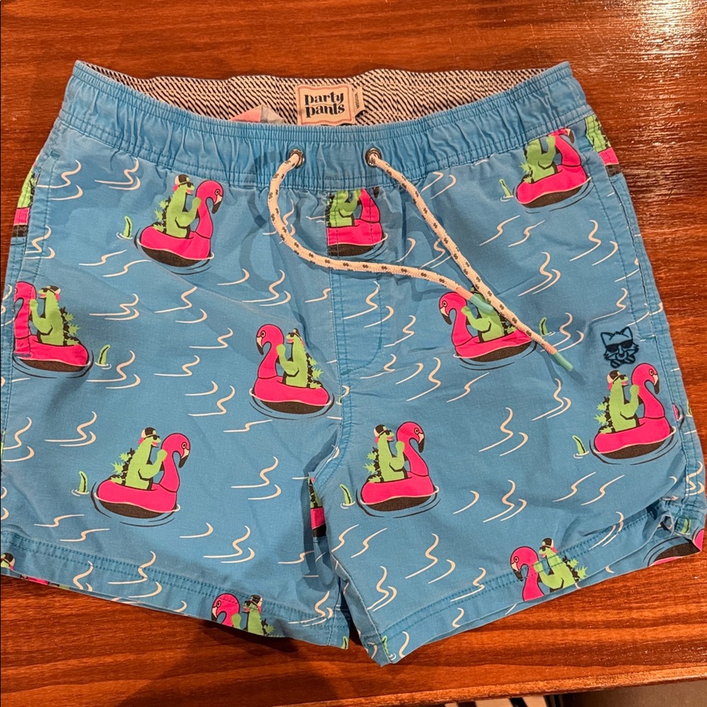 Dandy Del Mar Men's Blue Swim Trunks with Flamingo Print